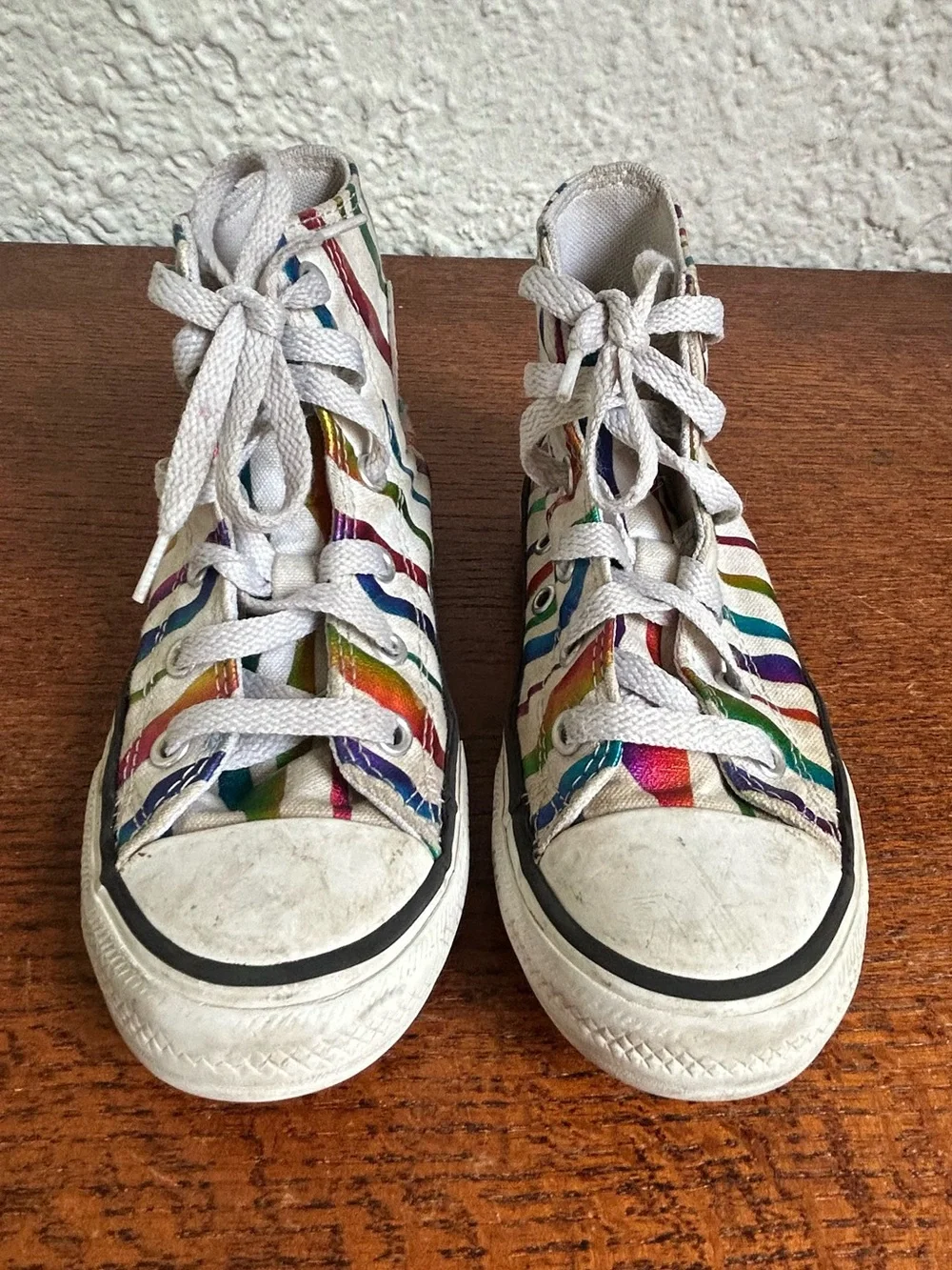 Converse Kids White High-Top Sneakers with Rainbow Stripes